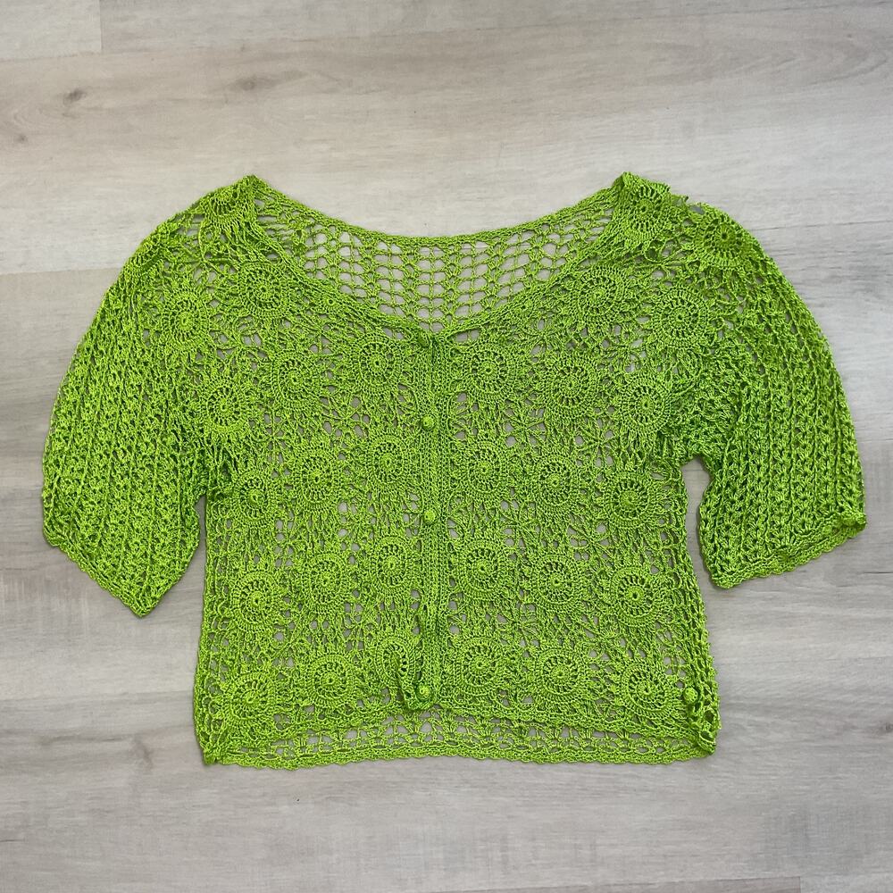 Crochet Top Button Down Shimmery Green Cardigan
